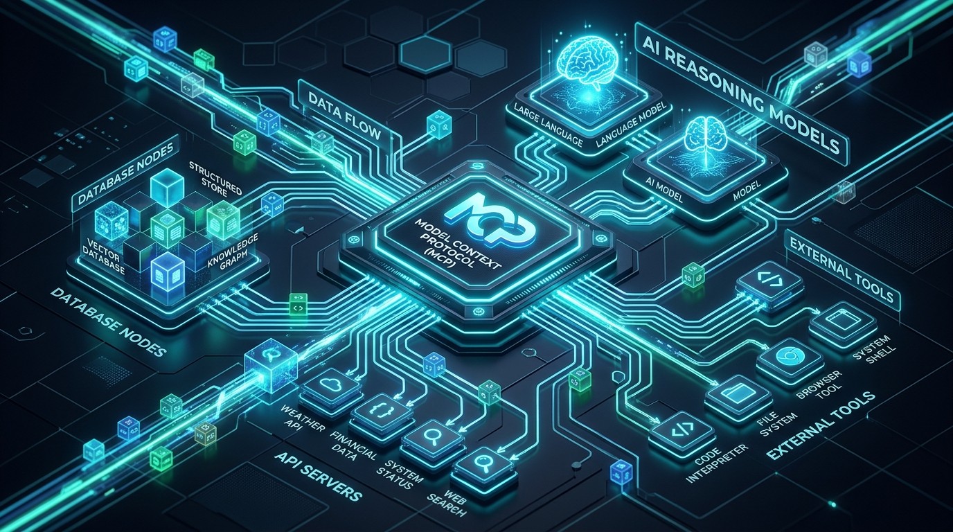 Model Context Protocol MCP architecture connecting reasoning models to database nodes and tools