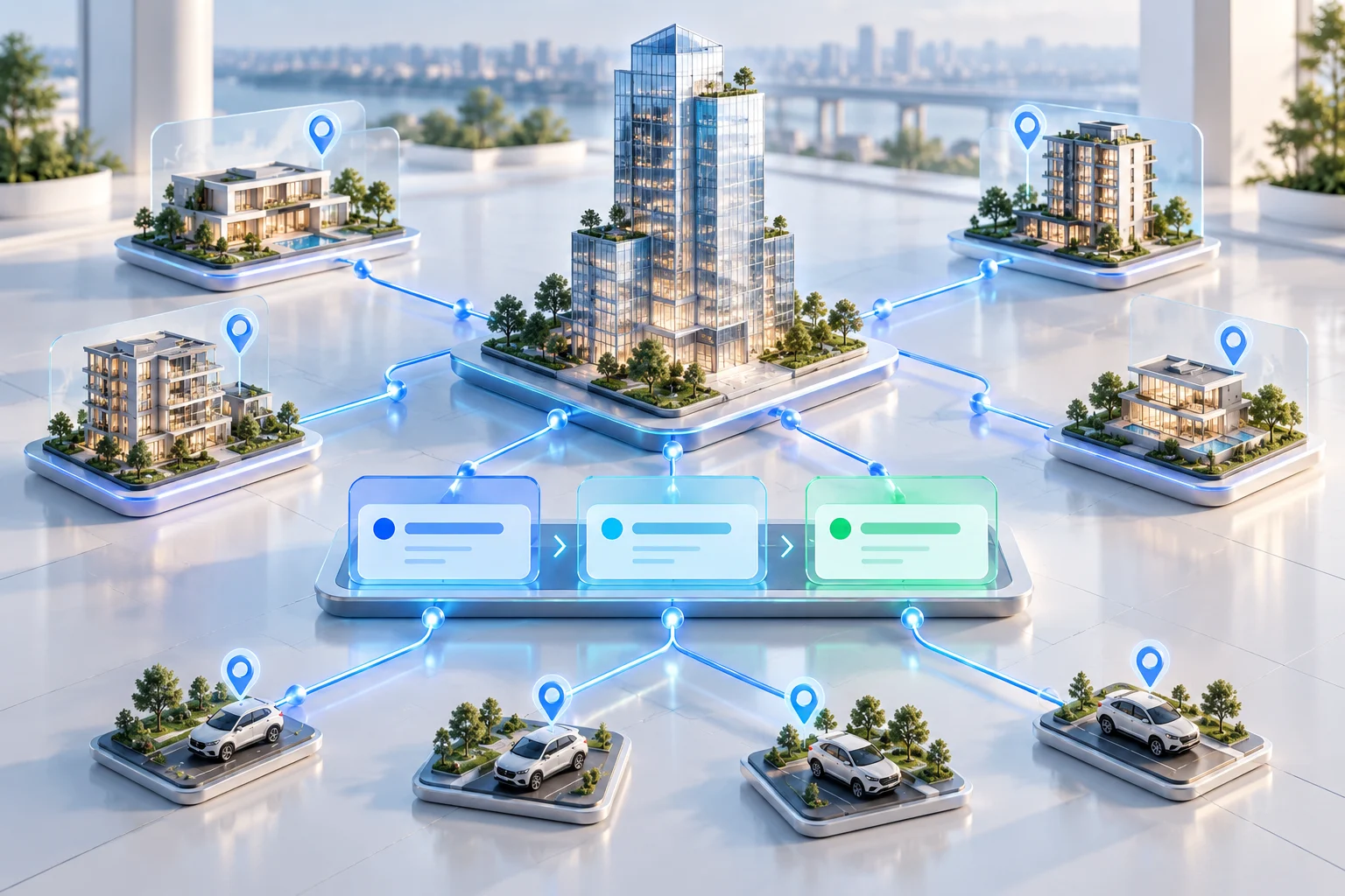 Real estate operations hub connecting properties, leads, and location data