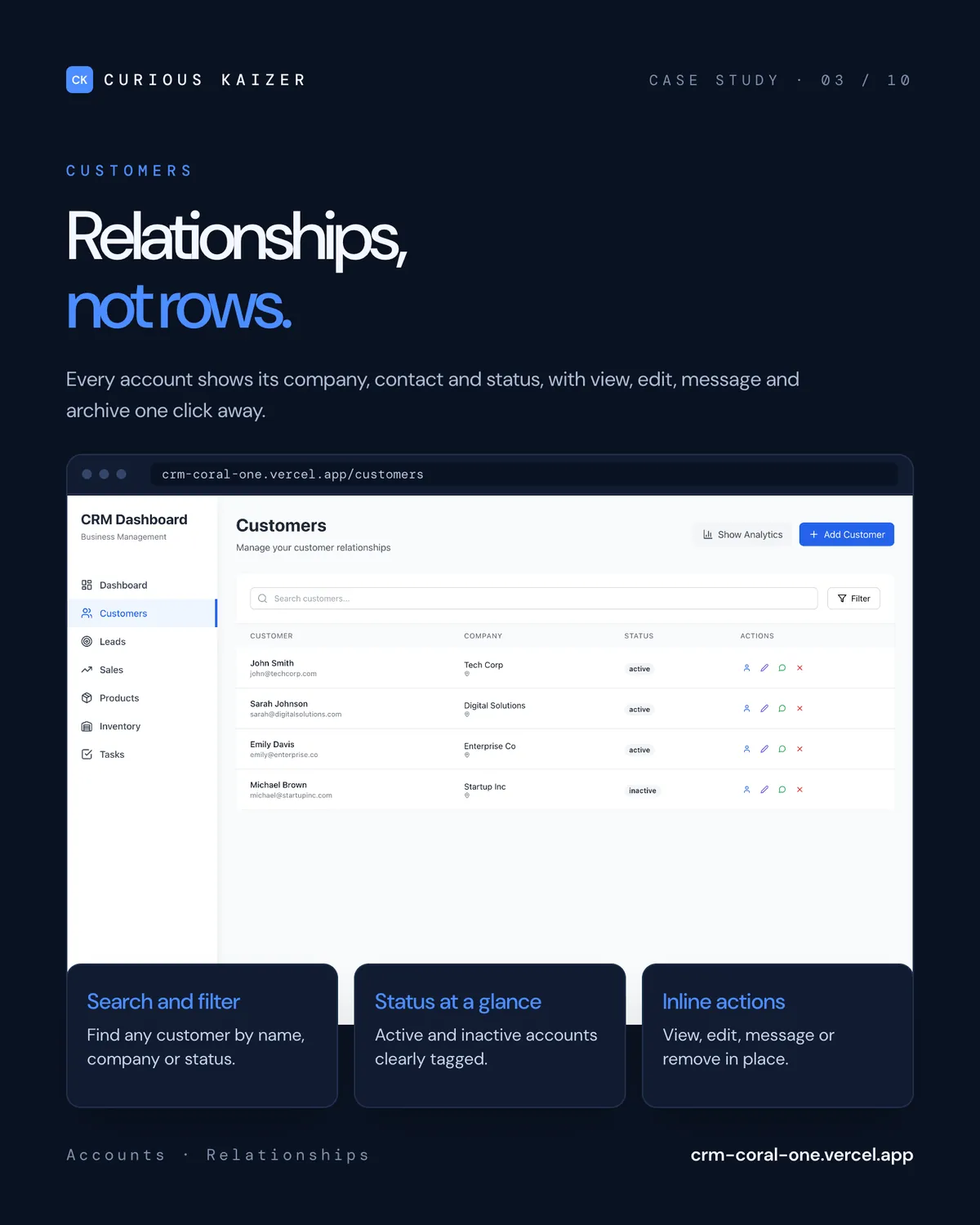 CuriousCRM Pro customers list with status and inline actions