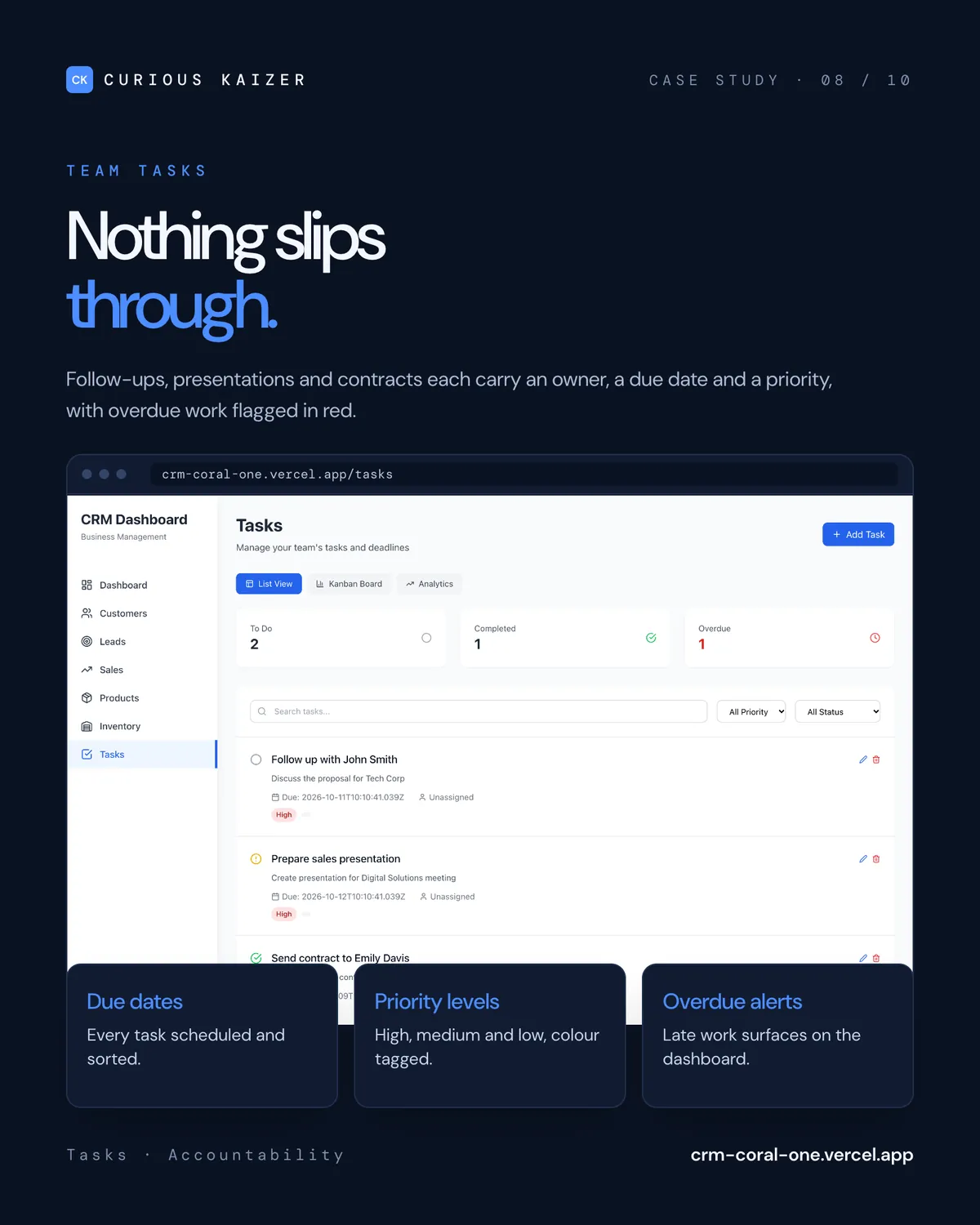 CuriousCRM Pro team tasks with due dates and priorities