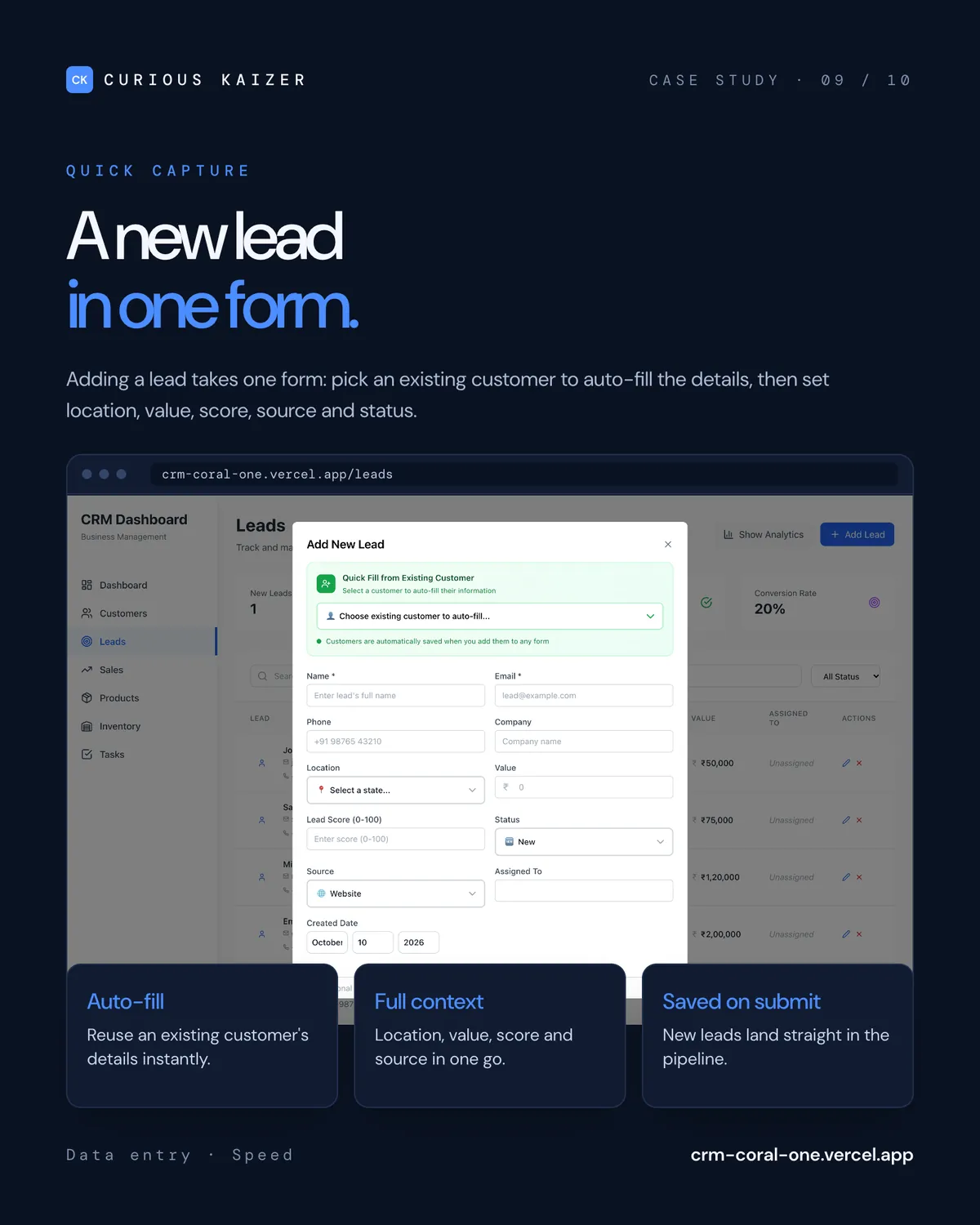 CuriousCRM Pro add new lead form with customer auto-fill
