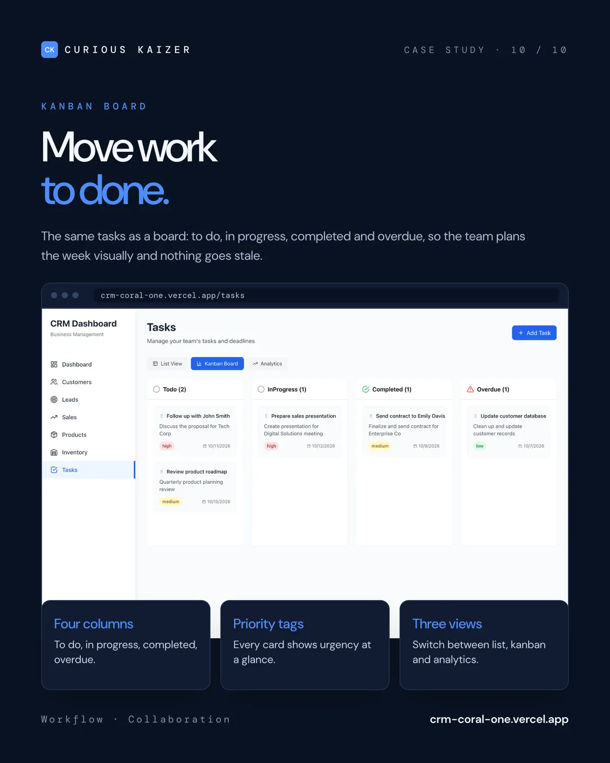 CuriousCRM Pro kanban board for team tasks