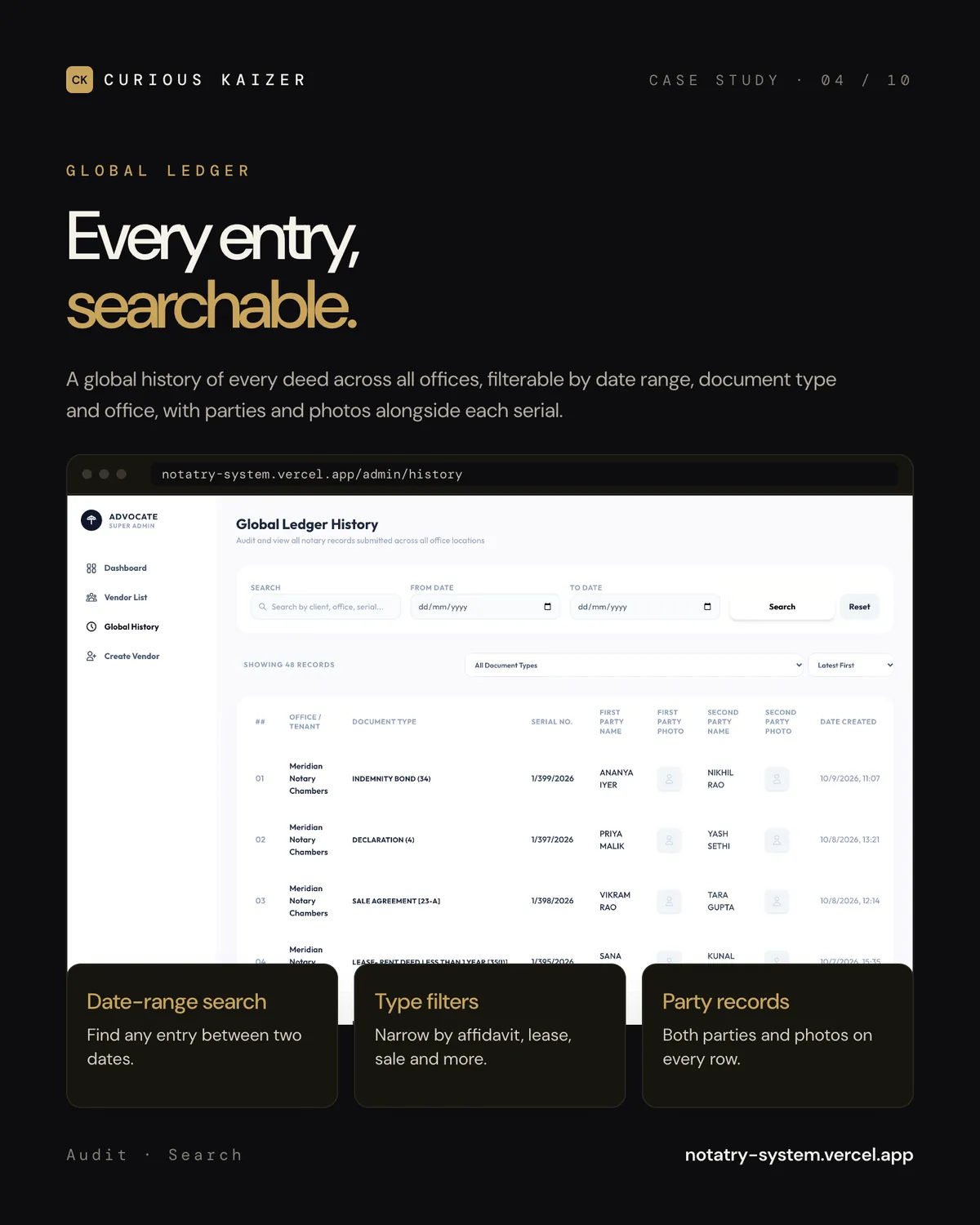 Notary Ledger global history search across offices