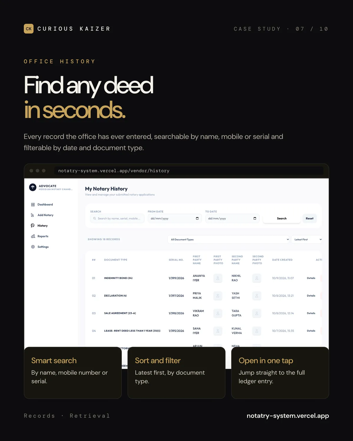 Notary Ledger office history search and filters