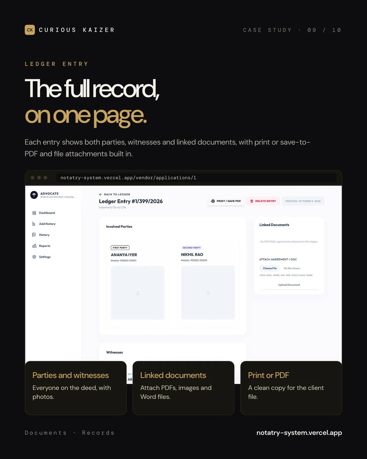 Notary Ledger single ledger entry with parties, witnesses and documents