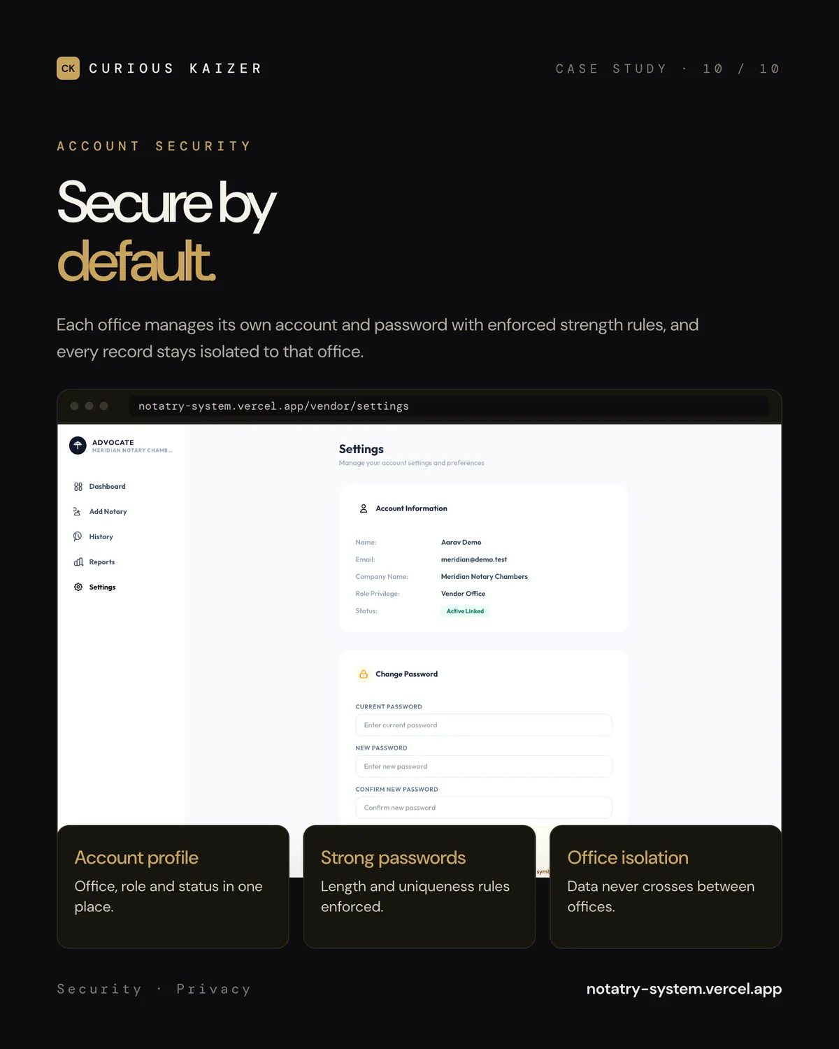 Notary Ledger account settings and password security