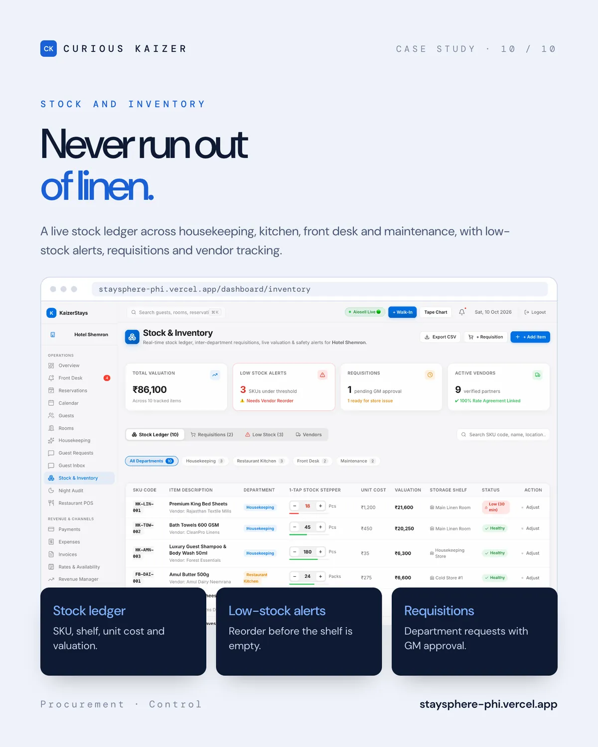 StaySphere stock and inventory ledger with low-stock alerts