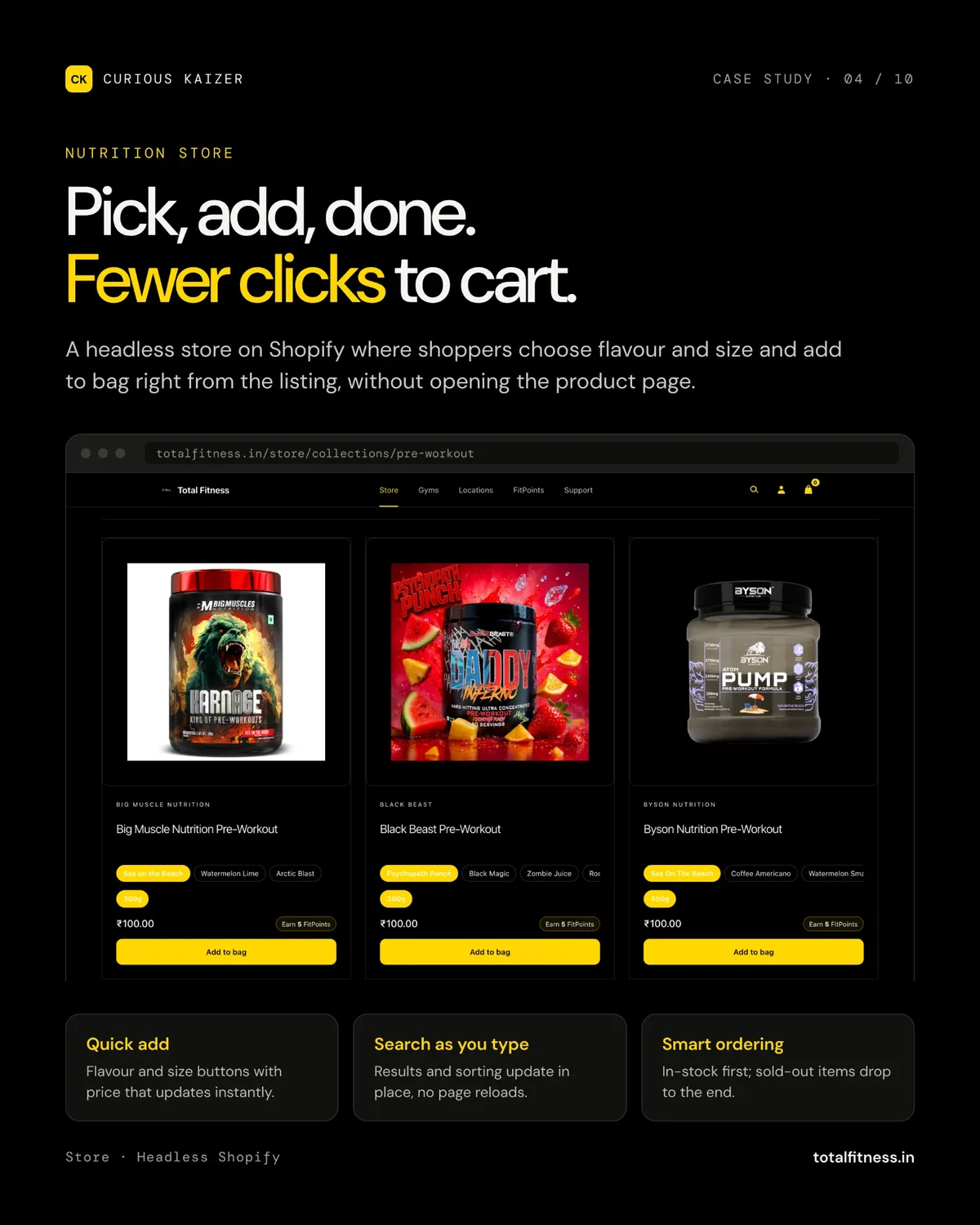 Total Fitness headless Shopify nutrition store listing