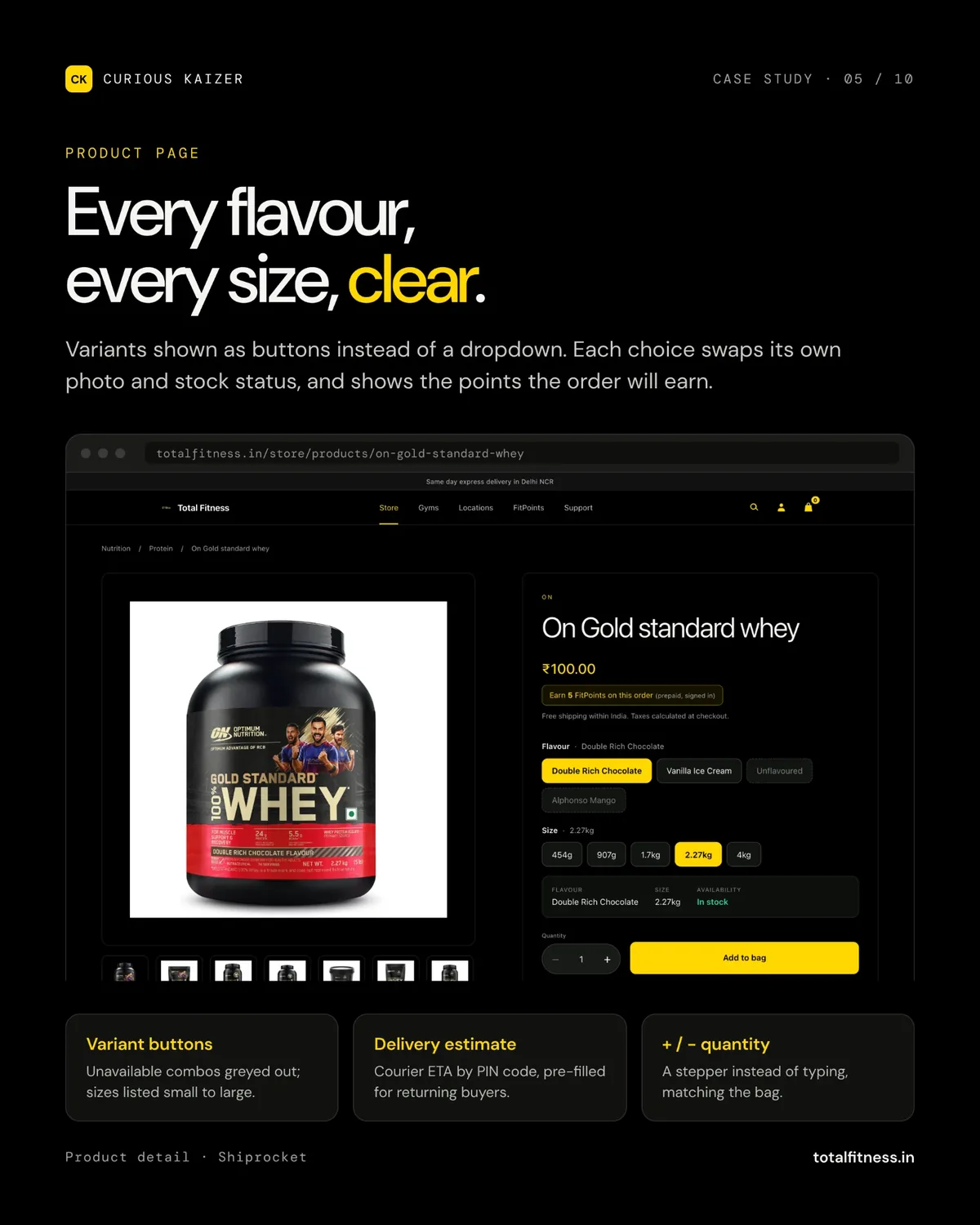 Total Fitness product page with flavour and size variant buttons